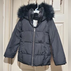 Abercrombie & Fitch Kids Black Puffer Coat with Faux Fur Hood